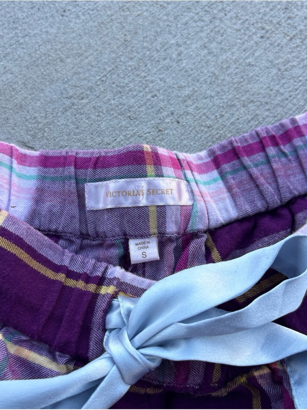 Victoria's Secret Purple Plaid pajama pants with Light Blue Tie
